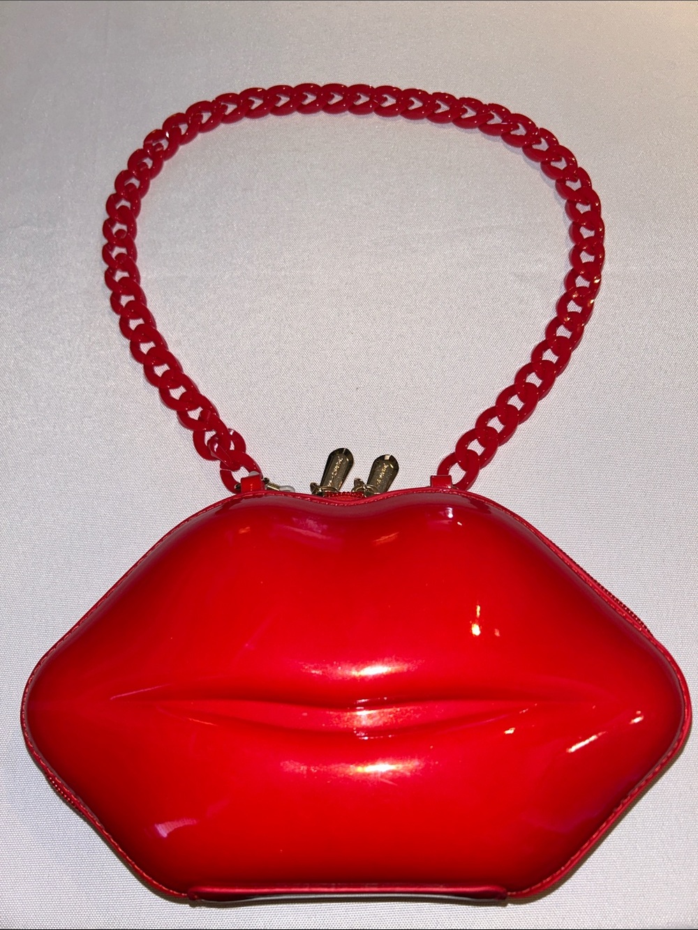 Betsey Johnson Glossy Red Lip with Chain Handle Bag or Clutch EUC